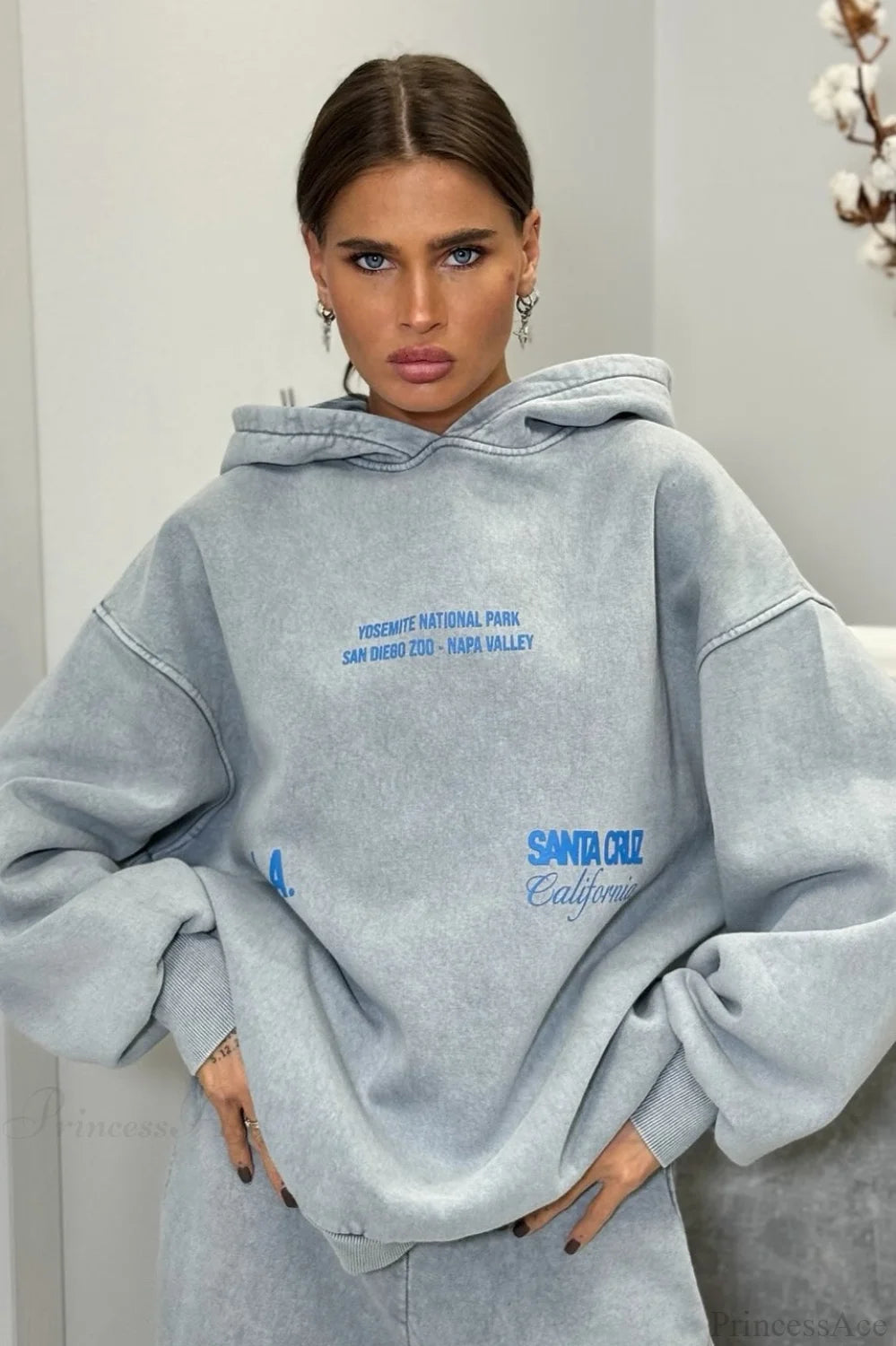 Vintage High Street Gray Loose Hoodie Jogger Two Piece Set