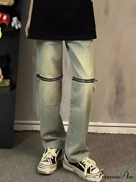 Vintage Knee Double Zipper Detachable Street Burst Straight Jean