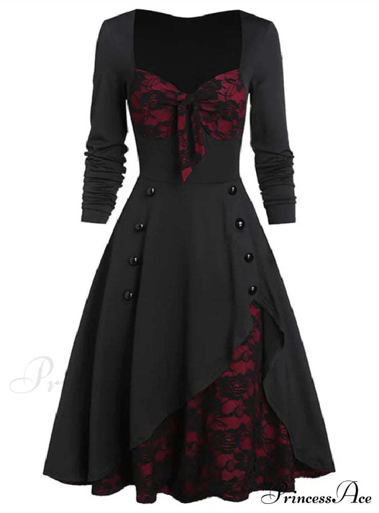 Vintage Lace Button-Up Long Sleeve Dress L / Burgundy Dresses