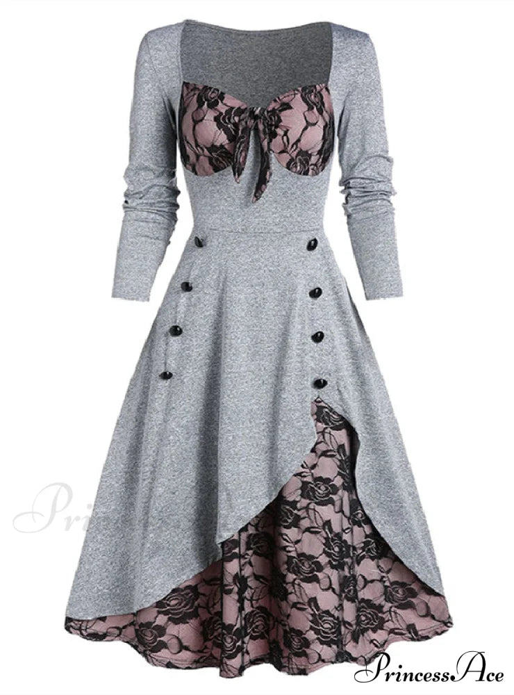Vintage Lace Button-Up Long Sleeve Dress L / Gray Dresses