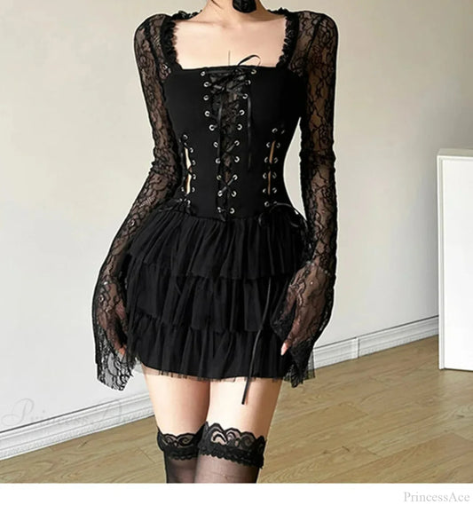 Vintage Lace Frilled Mini Dress Black / S