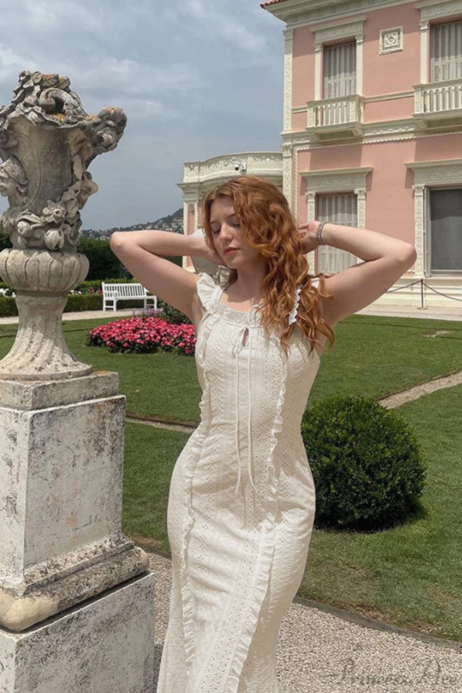 Vintage Lace Off-Shoulder Strap Party Dress White / S