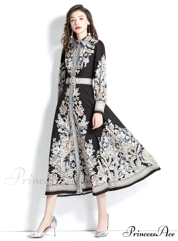 Vintage Lapel Lantern Sleeve Printed Dress M / Black