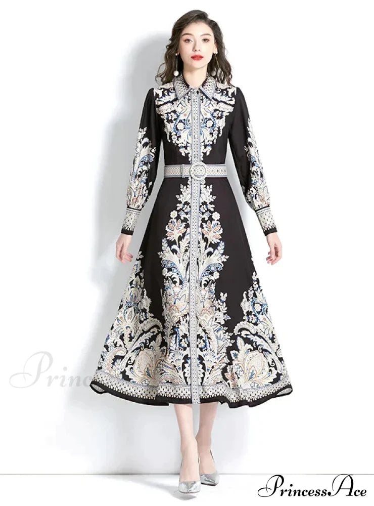 Vintage Lapel Lantern Sleeve Printed Dress S / Black