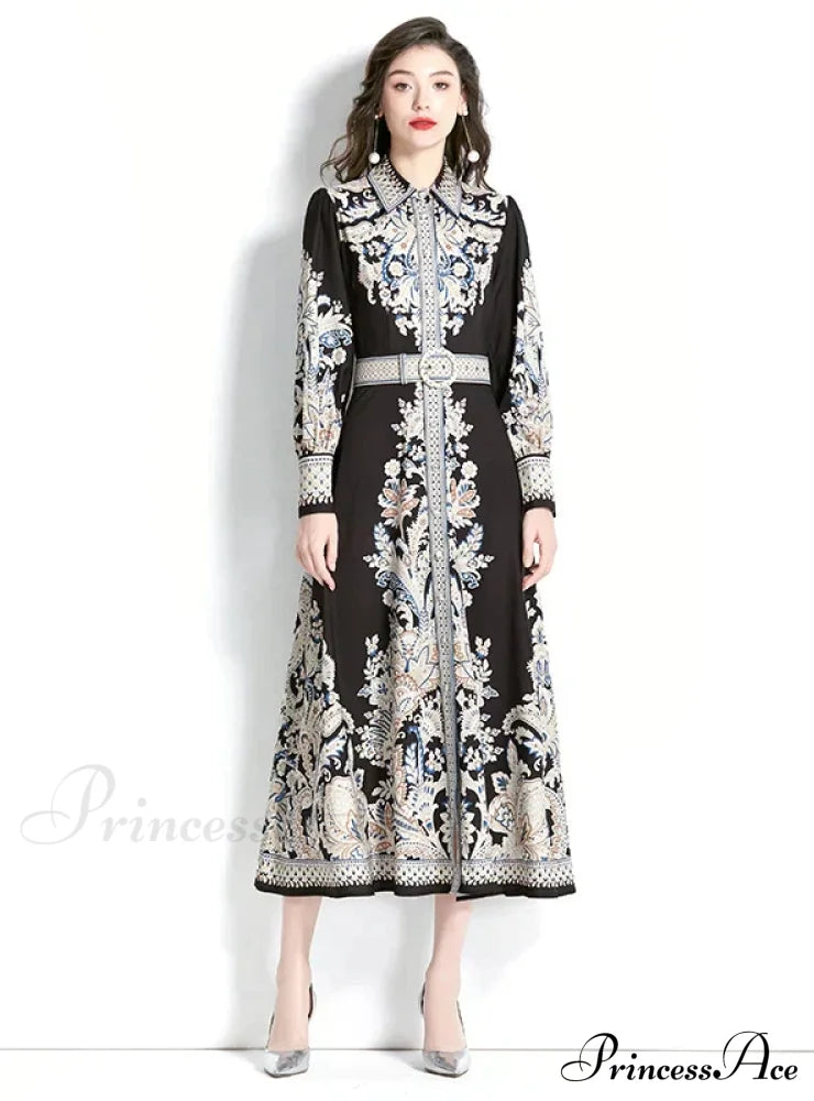 Vintage Lapel Lantern Sleeve Printed Dress S / White