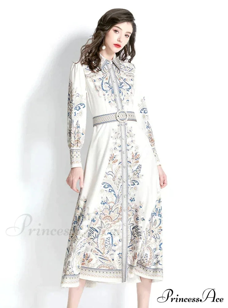 Vintage Lapel Lantern Sleeve Printed Dress Xl / Black