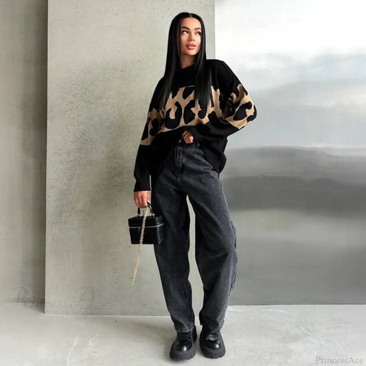 Vintage Leopard Print Loose Oversized Sweater Black / S