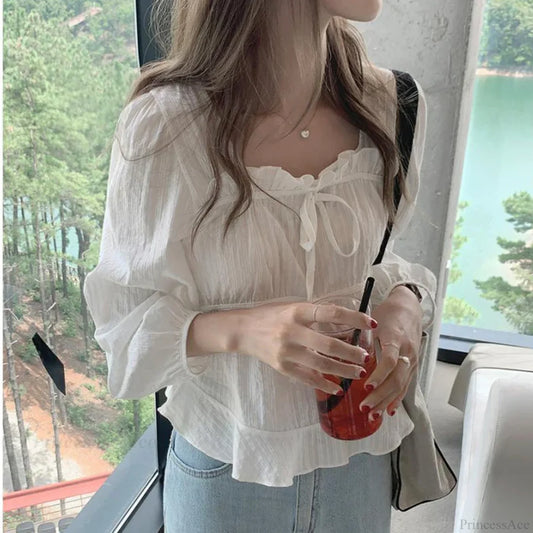 Vintage Loose White Ruffled Long Sleeve Blouse blouse-250126