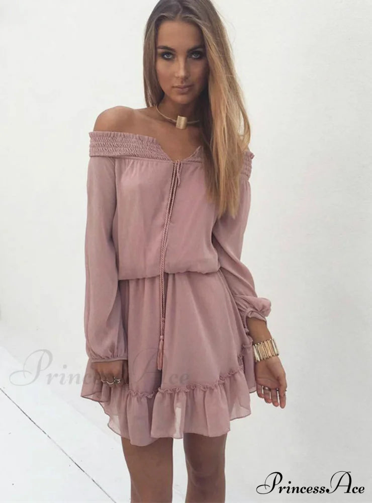 Vintage Off Shoulder Chiffon Dress With Long Lantern Sleeves S / Green Dresses