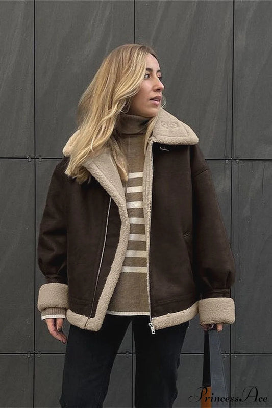 Vintage Oversized Suede Sherpa-Lined Coat Brown / S