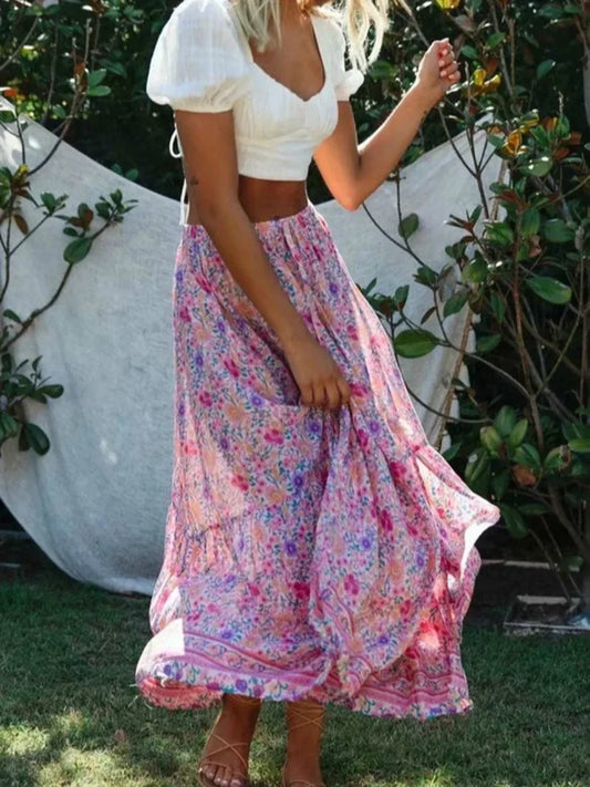 Vintage Pink Floral Print Split Beach Bohemian Maxi Skirt skirt-250126