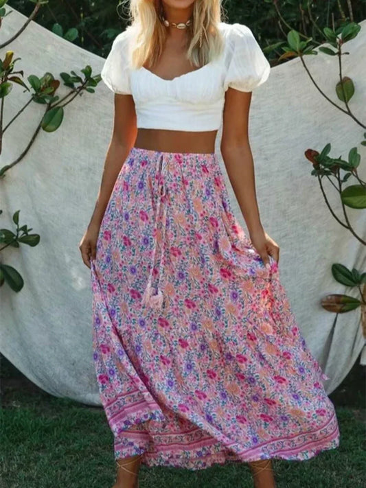 Vintage Pink Floral Print Split Beach Bohemian Maxi Skirt purple / S skirt-250126