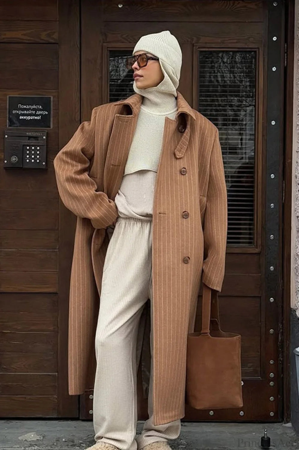 Vintage Pinstripe Notched Collar Wool Blend Overcoat