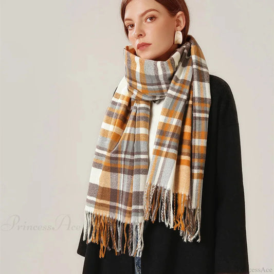 Vintage Plaid Cashmere Knit Tassel Scarf For Women Scarfs-L