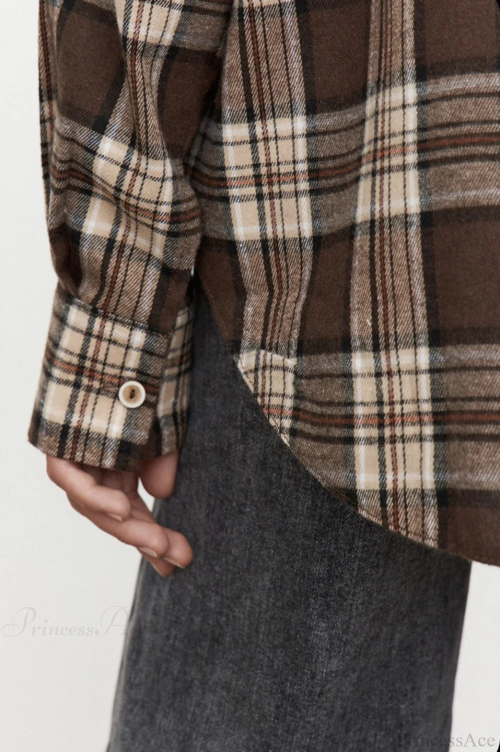 Vintage Plaid Pocket Long Sleeve Collared Blouse