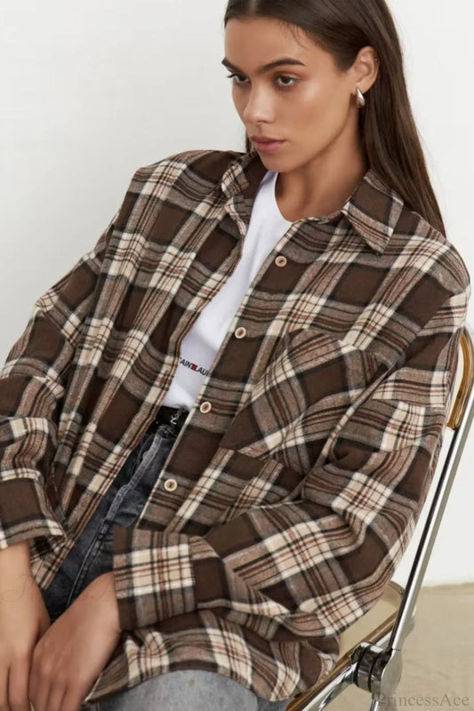 Vintage Plaid Pocket Long Sleeve Collared Blouse Brown / S