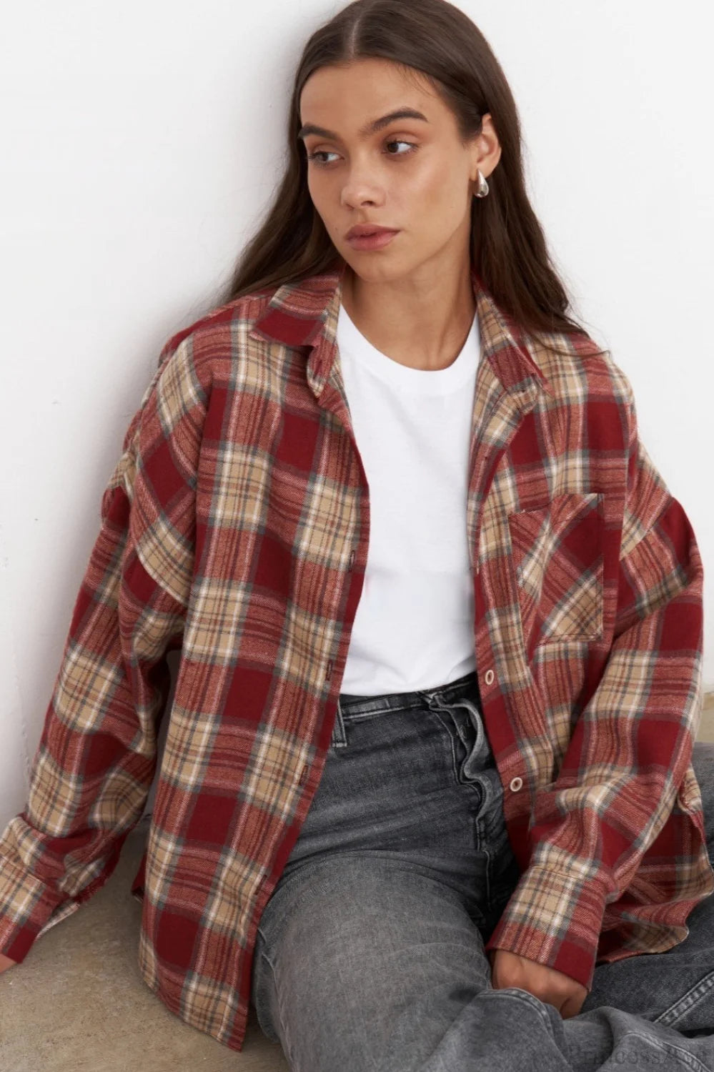 Vintage Plaid Pocket Long Sleeve Collared Blouse Red / S