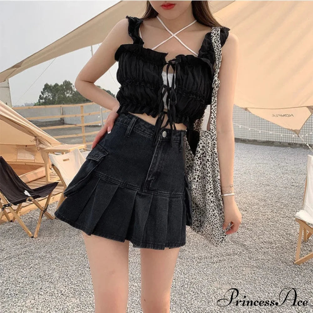 Vintage Pleated Black Y2K Gothic Patchwork A-Line Skirt