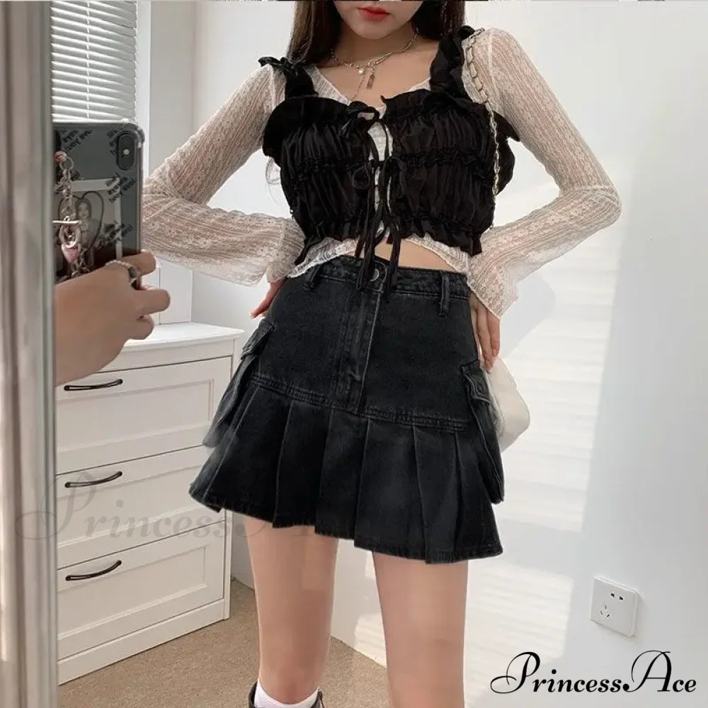 Vintage Pleated Black Y2K Gothic Patchwork A-Line Skirt