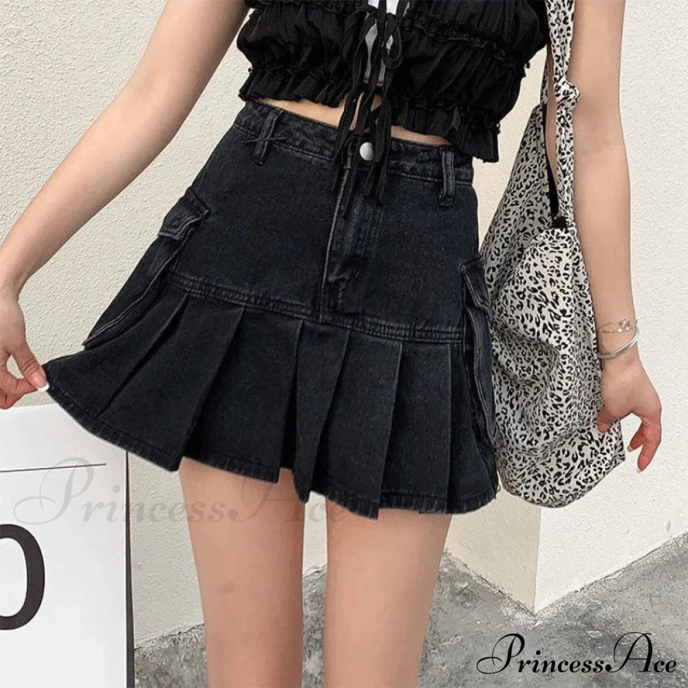 Vintage Pleated Black Y2K Gothic Patchwork A-Line Skirt / S