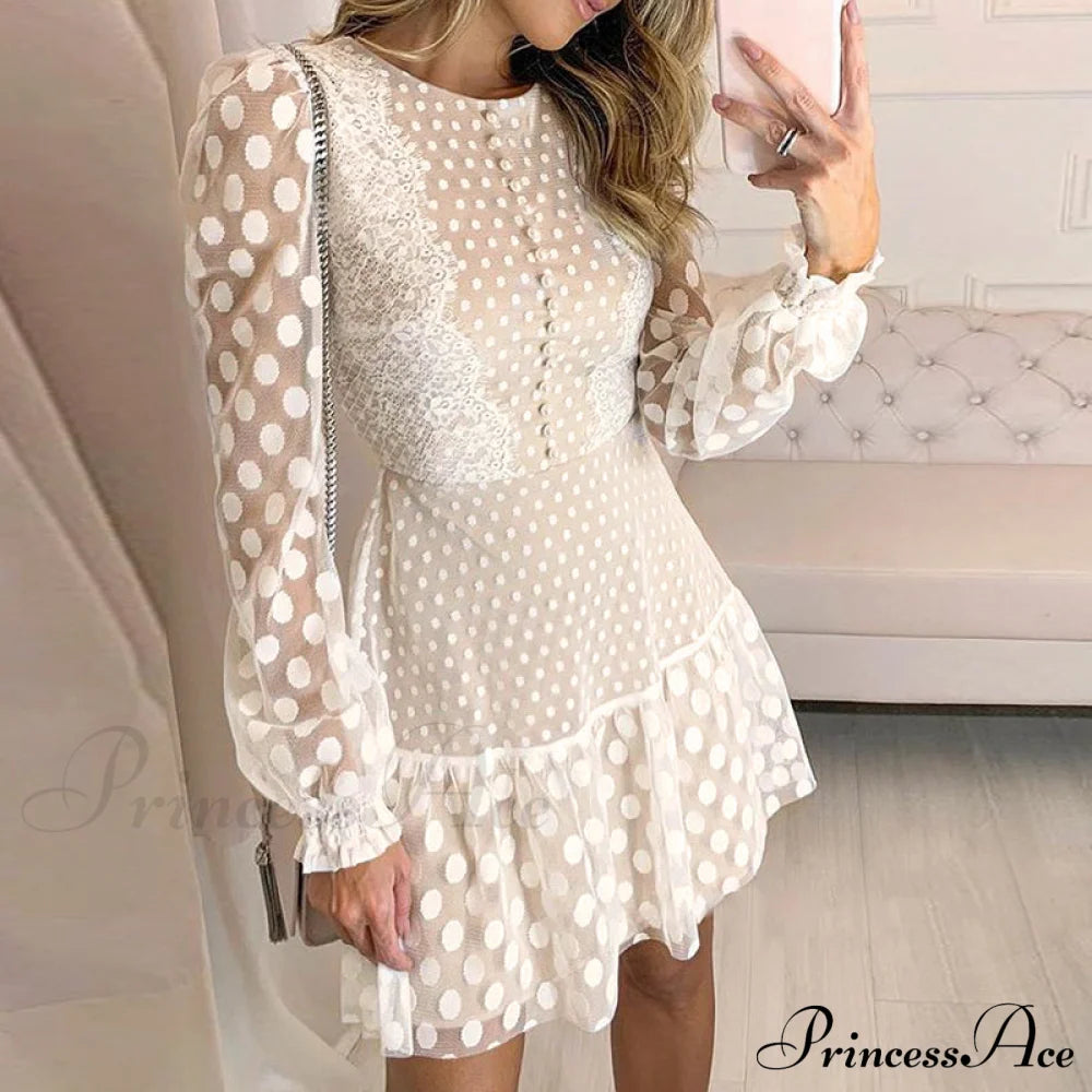 Vintage Polka Dot Short Dress With Embroidery Long Sleeves And Sexy Mesh Lace Dresses