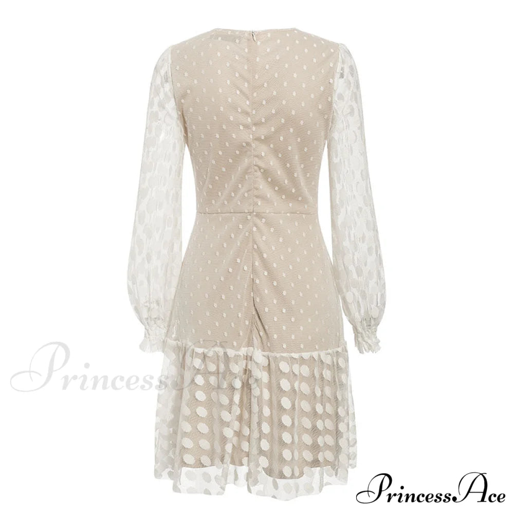 Vintage Polka Dot Short Dress With Embroidery Long Sleeves And Sexy Mesh Lace Dresses