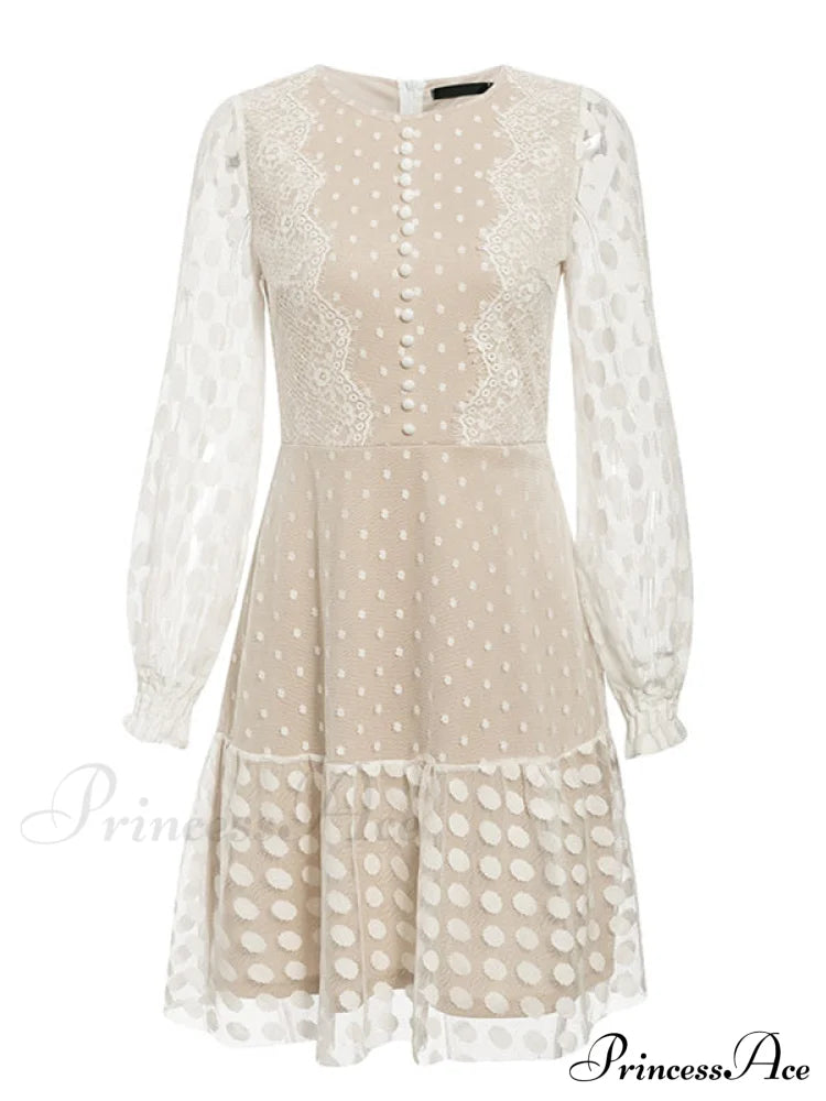 Vintage Polka Dot Short Dress With Embroidery Long Sleeves And Sexy Mesh Lace Dresses