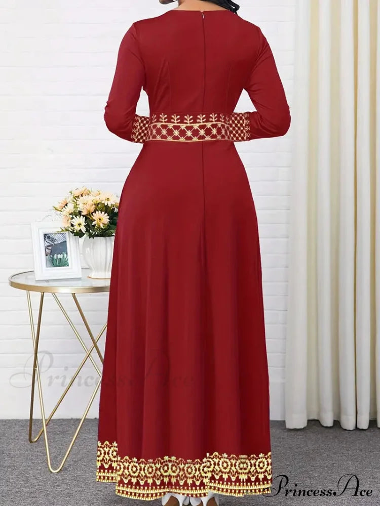 Vintage Print Long Sleeve Fall Classic Dress - Black M / Red Black Long Sleeev Dress