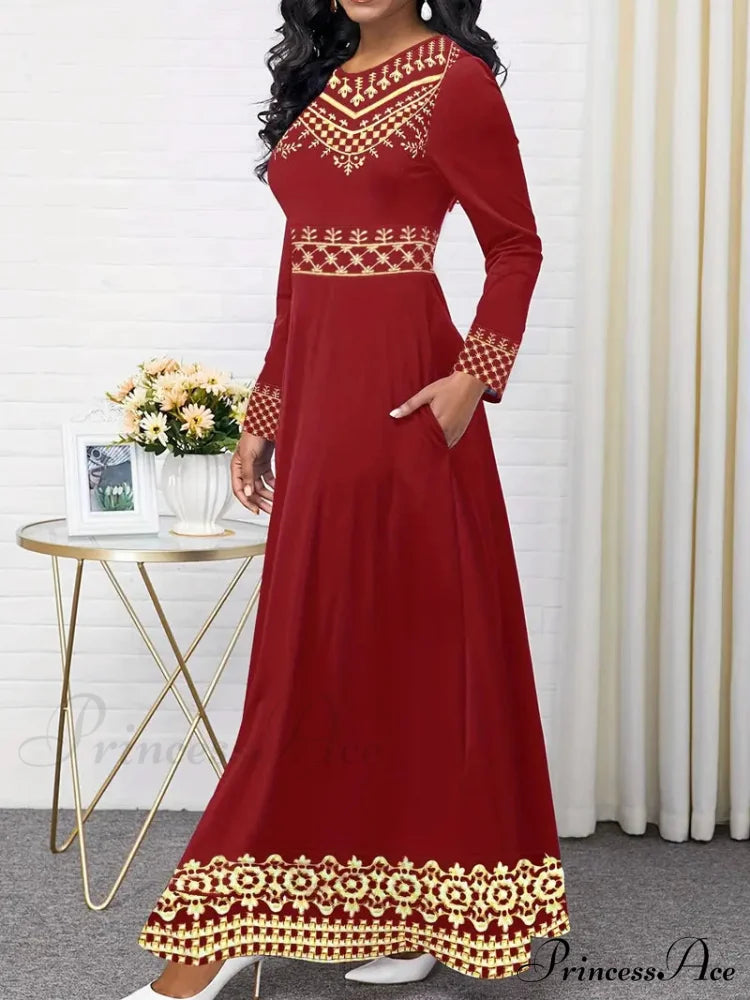 Vintage Print Long Sleeve Fall Classic Dress - Black M / Black Long Sleeev Dress