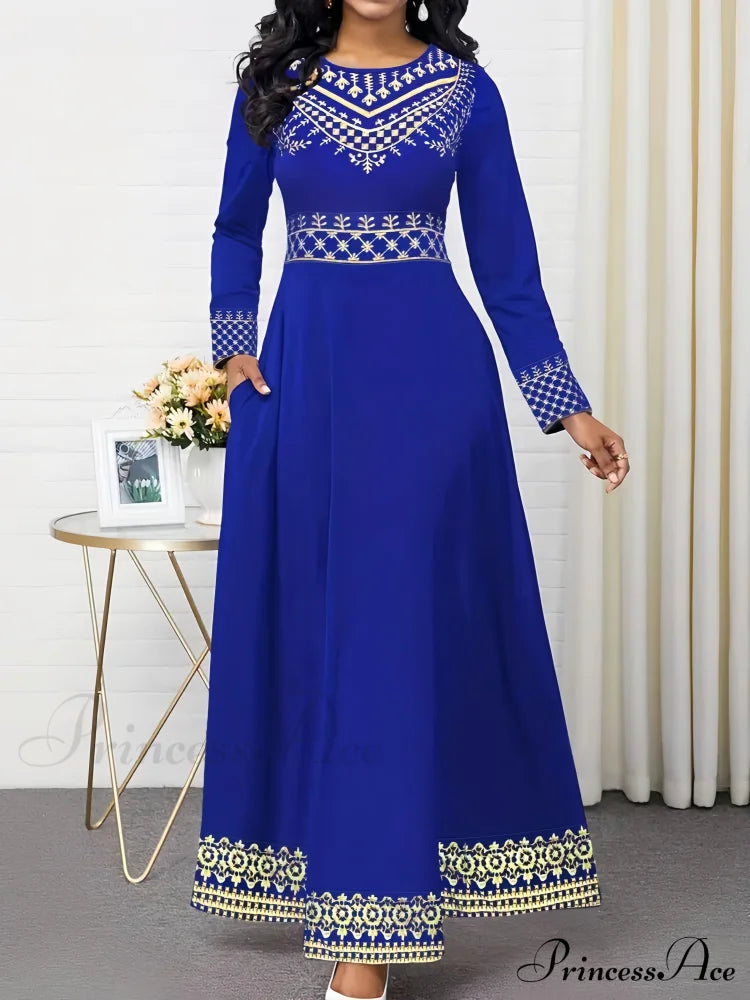 Vintage Print Long Sleeve Fall Classic Dress - Black S / Green Black Long Sleeev Dress