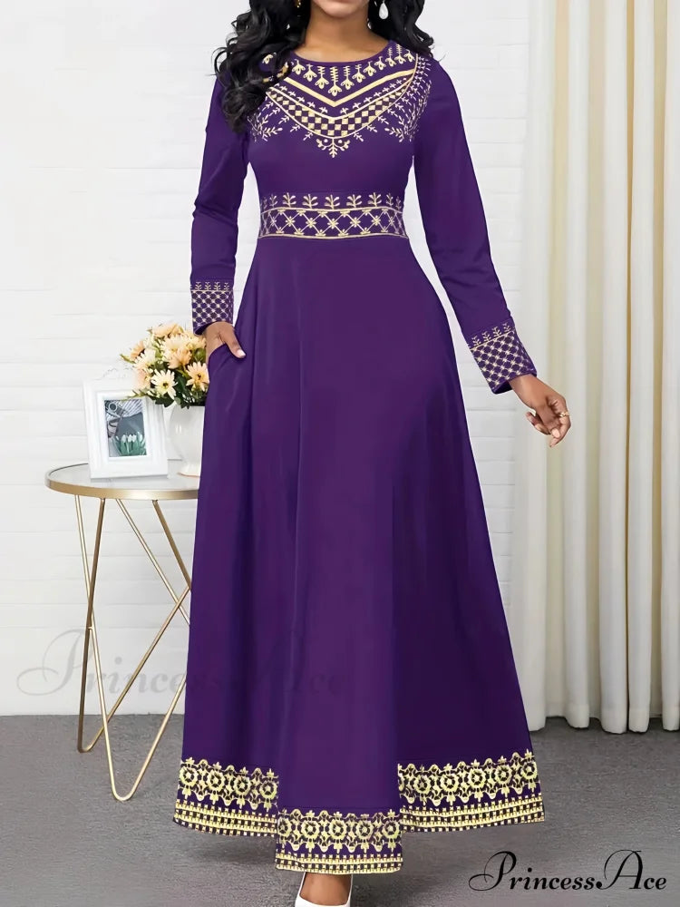 Vintage Print Long Sleeve Fall Classic Dress - Black S / Purple Black Long Sleeev Dress