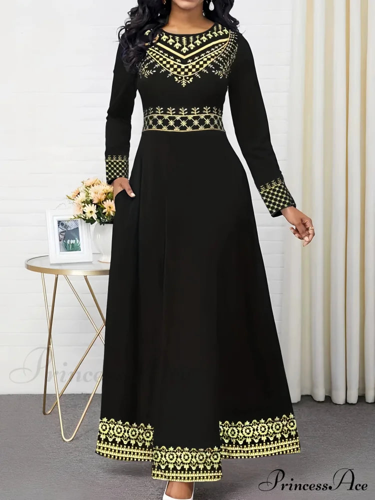 Vintage Print Long Sleeve Fall Classic Dress - Black S / Red Black Long Sleeev Dress