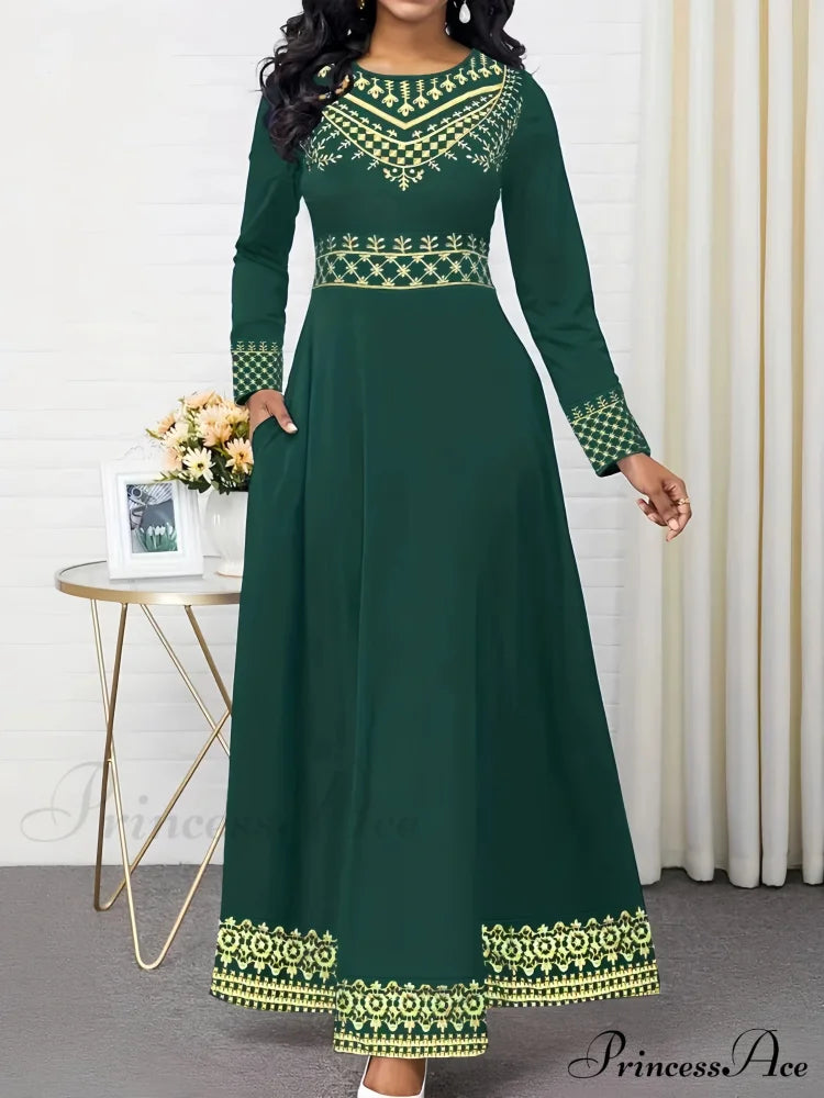 Vintage Print Long Sleeve Fall Classic Dress - Black S / Black Long Sleeev Dress