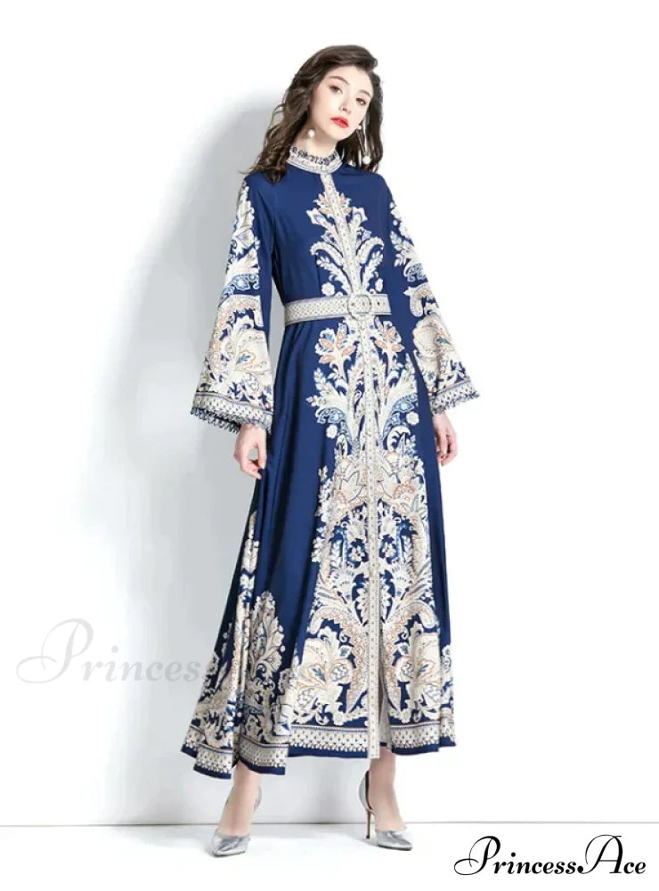 Vintage Printed Round Neck Dress With Flared Sleeves L / White