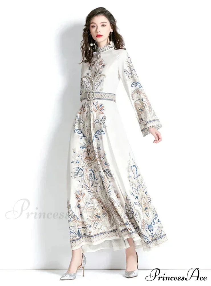 Vintage Printed Round Neck Dress With Flared Sleeves M / Dark Blue