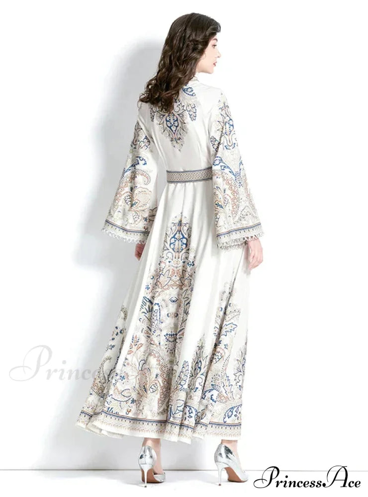 Vintage Printed Round Neck Dress With Flared Sleeves M / White