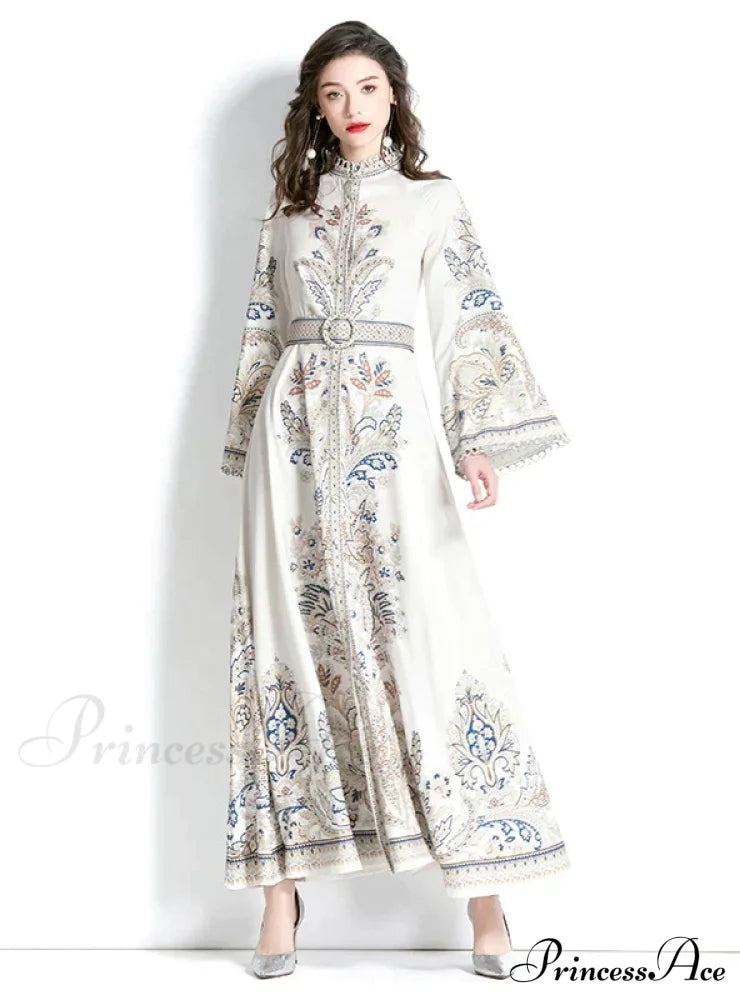 Vintage Printed Round Neck Dress With Flared Sleeves S / Dark Blue