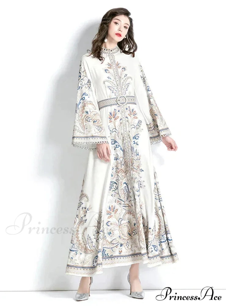 Vintage Printed Round Neck Dress With Flared Sleeves S / White