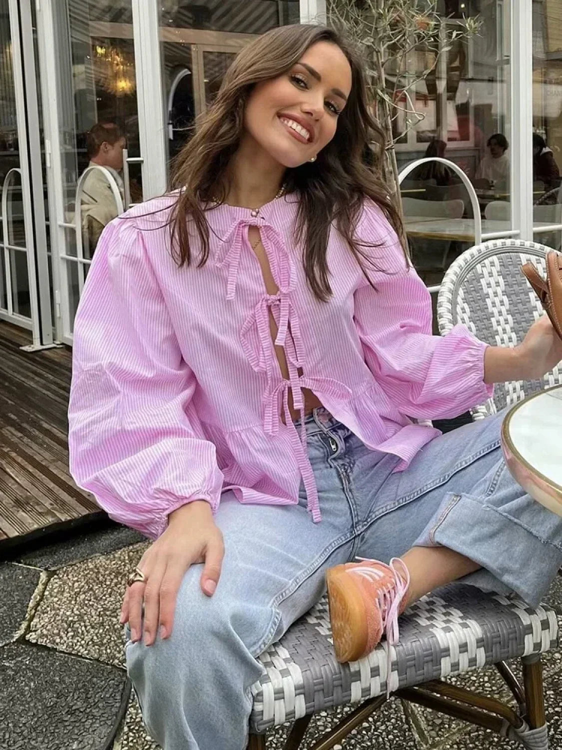 Vintage Puff Sleeve Bow Button Blouse blouse-250223