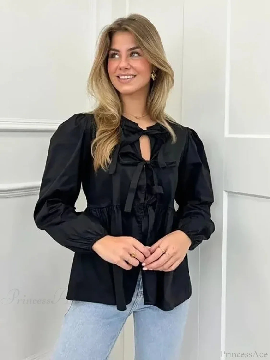 Vintage Puff Sleeve Bow Button Blouse Black / S blouse-250223