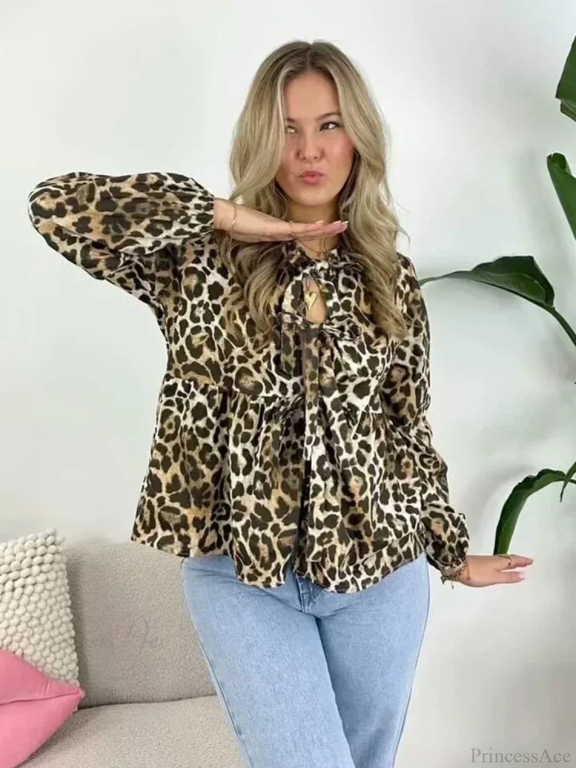 Vintage Puff Sleeve Bow Button Blouse LEOPARD / S blouse-250223