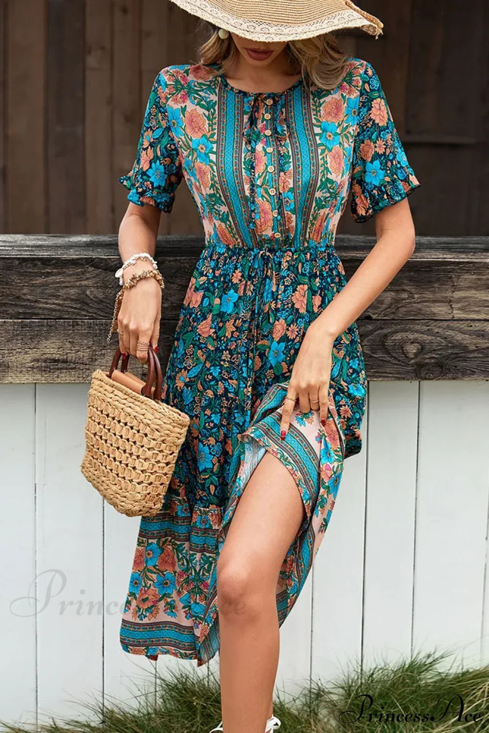 Vintage Round Neck A-Line Boho Dress