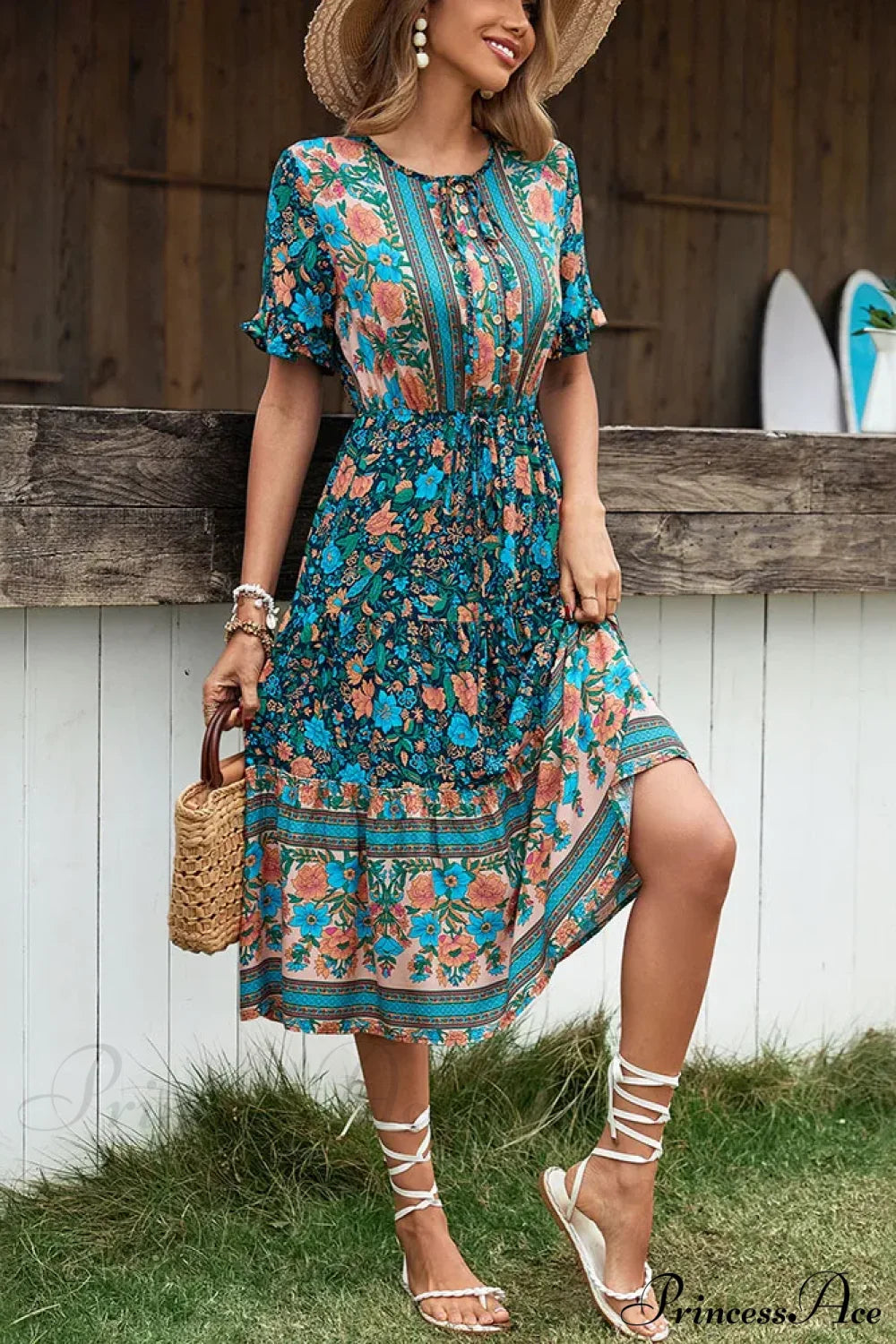 Vintage Round Neck A-Line Boho Dress
