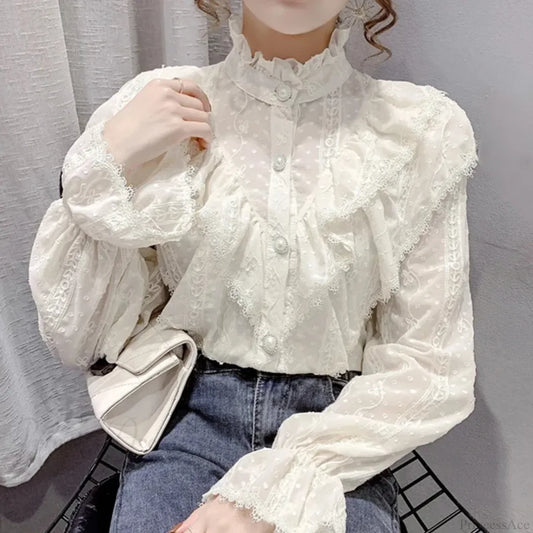 Vintage Ruffled Lace White Shirt Long Sleeve Casual Blouse blouse-250126
