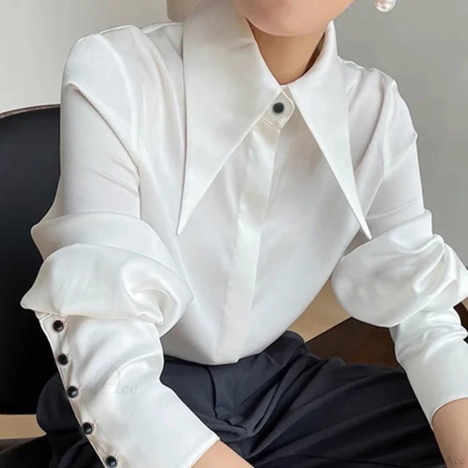Vintage Satin Silk Turn Down Collar Blouse WHITE / S blouse-250223