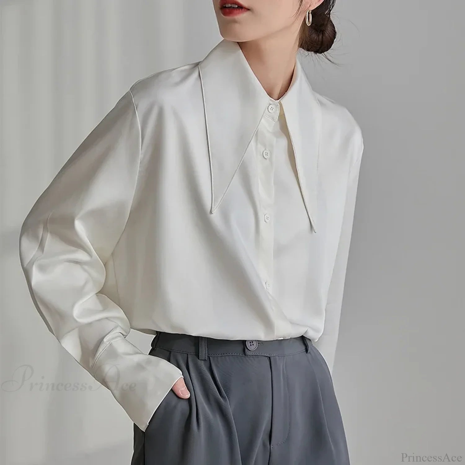 Vintage Satin Silk Turn Down Collar Blouse White1 / S blouse-250223