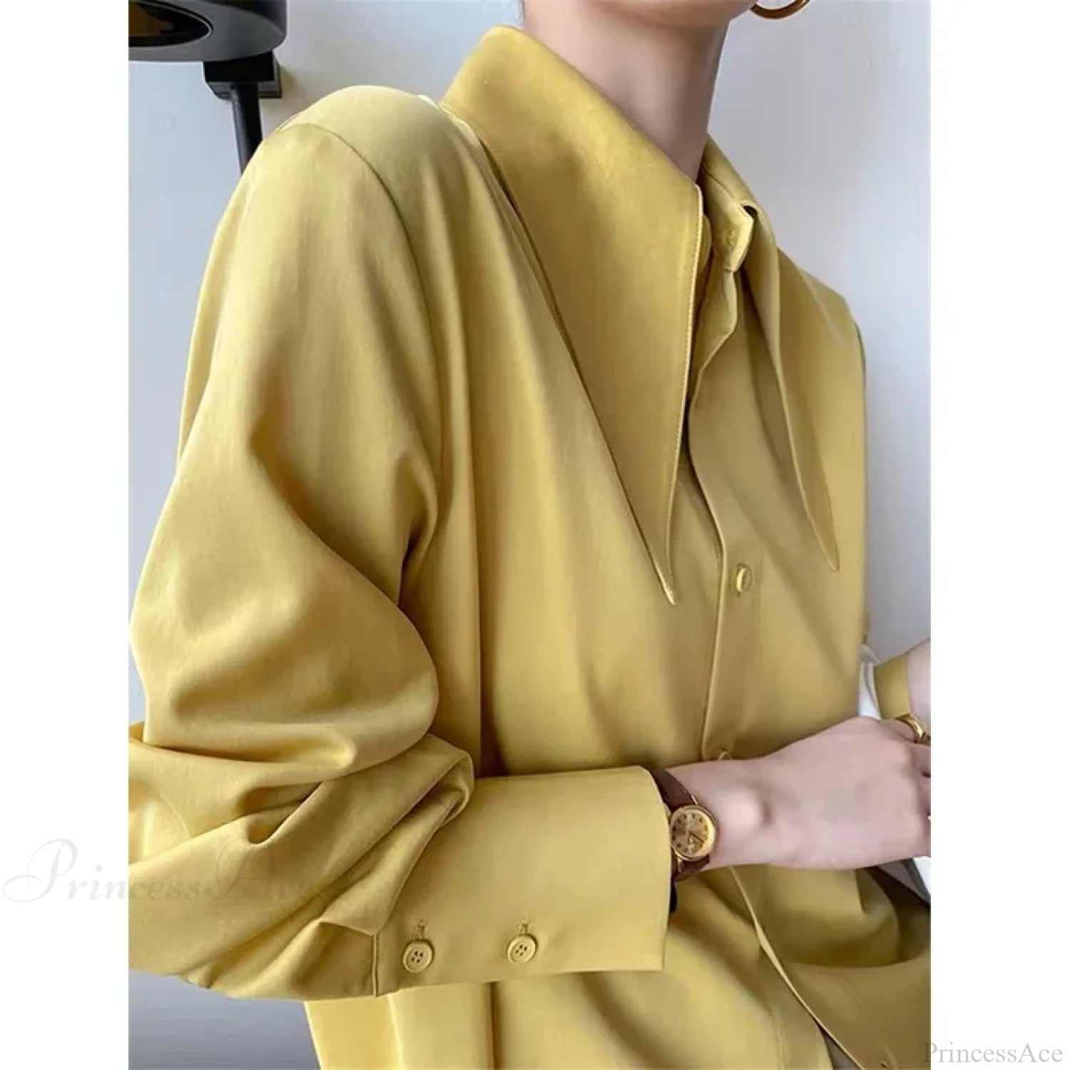 Vintage Satin Silk Turn Down Collar Blouse YELLOW / S blouse-250223