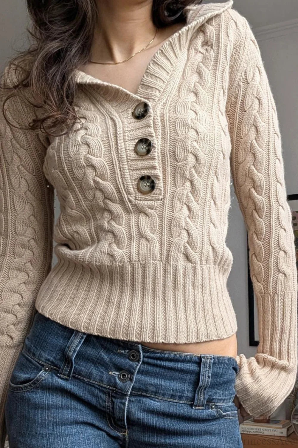 Vintage Solid Hooded Cropped Waist Button Long Sleeve Sweater