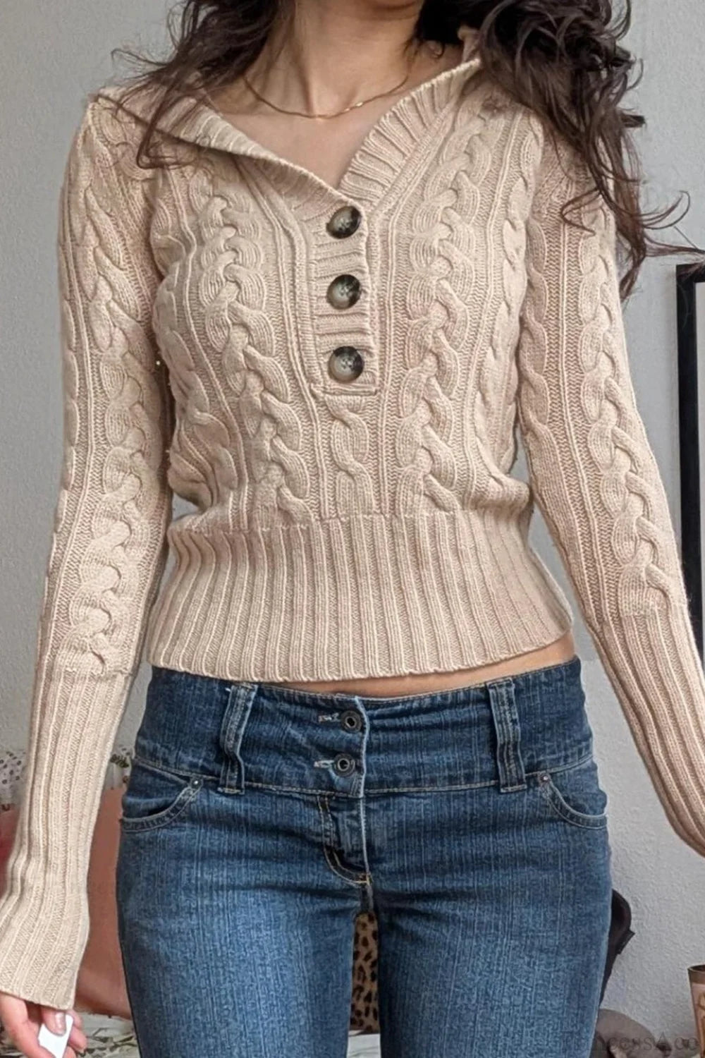 Vintage Solid Hooded Cropped Waist Button Long Sleeve Sweater