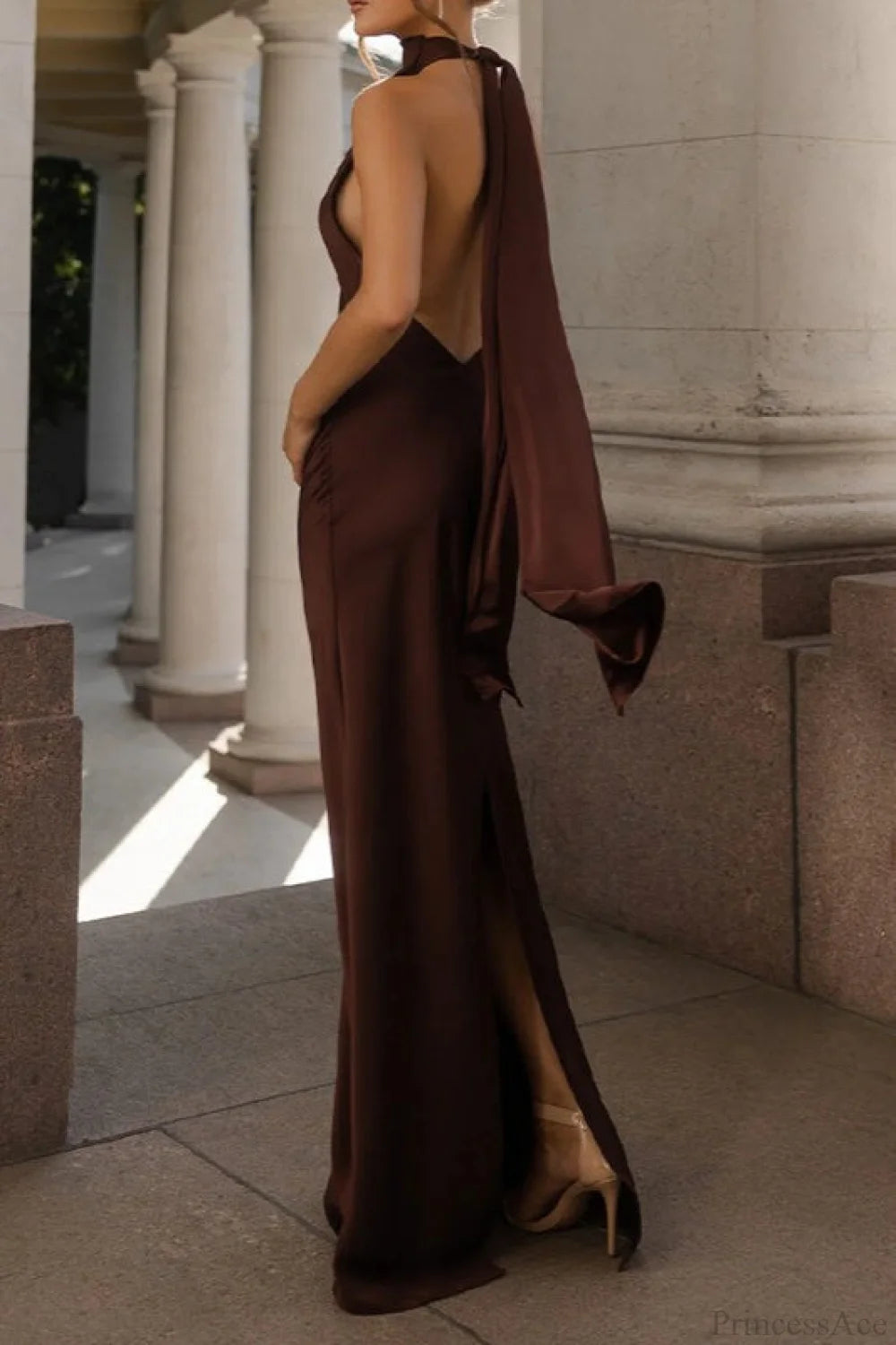 Vintage Solid Satin Backless Maxi Dress